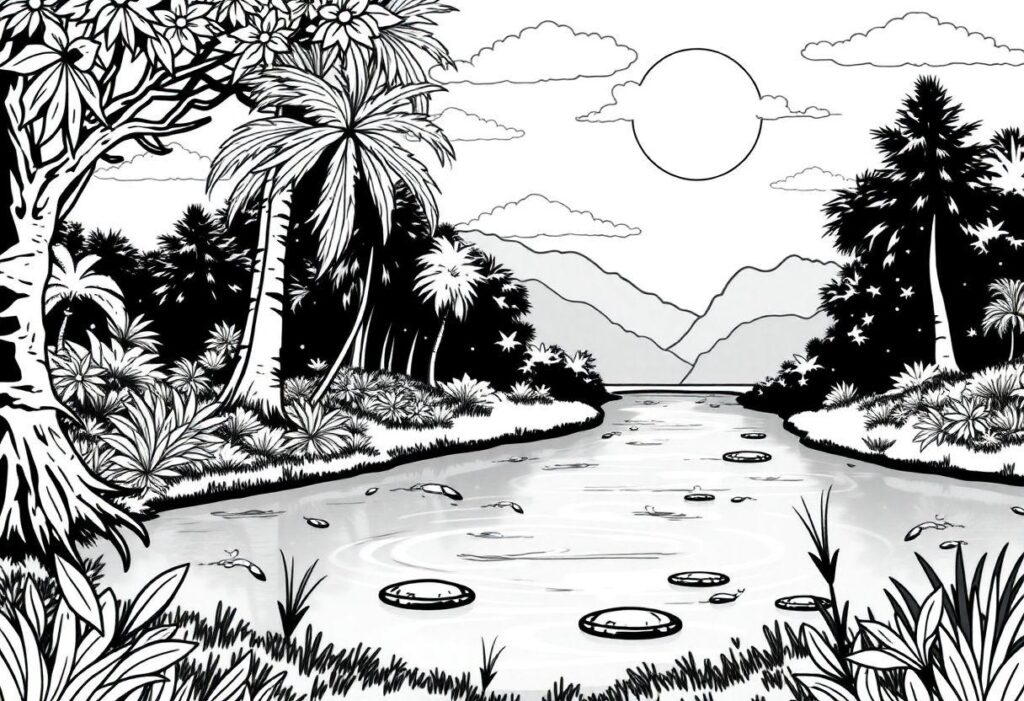 DESENHOS PARA COLORIR PAISAGEM NATUREZA FLORESTA E RIO