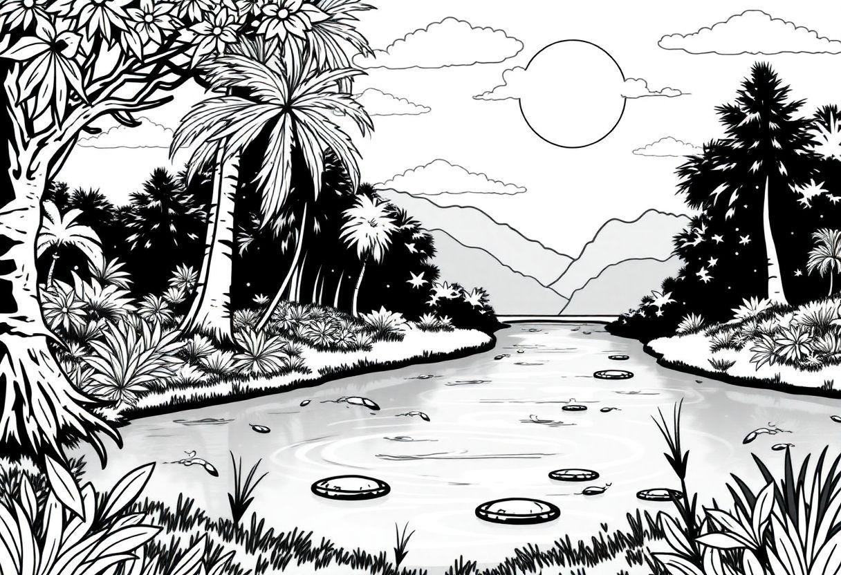 DESENHOS PARA COLORIR PAISAGEM NATUREZA FLORESTA E RIO