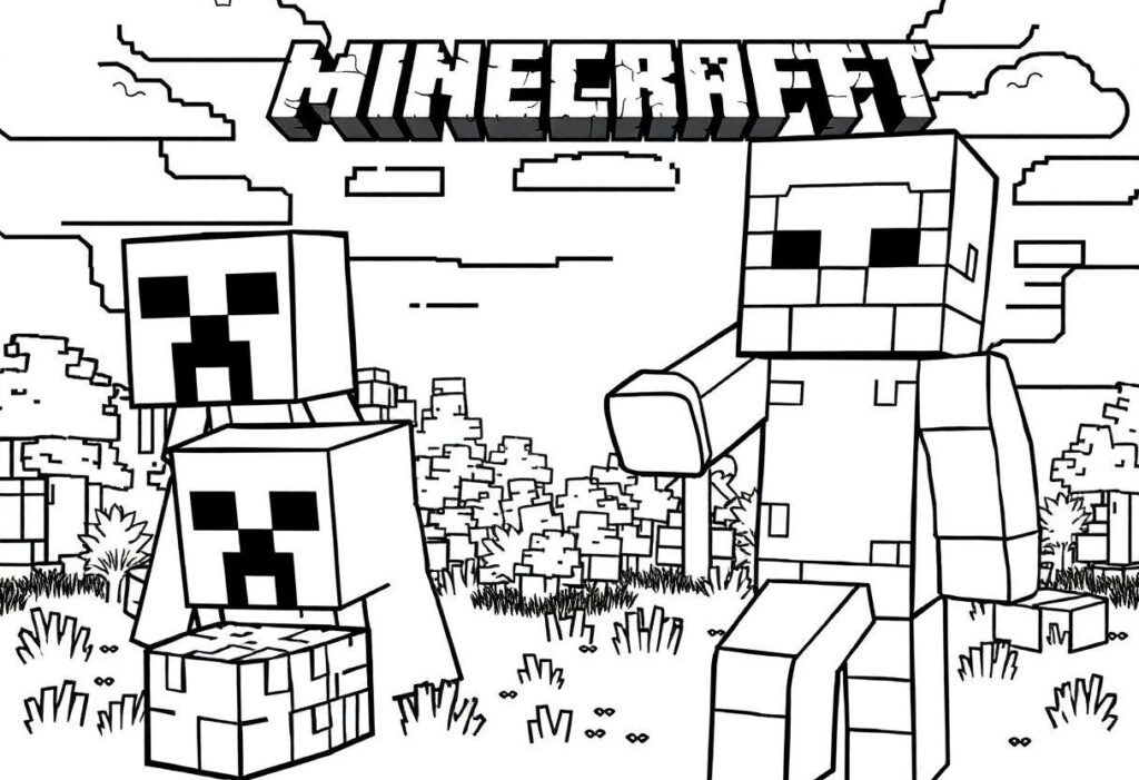 Desenho Para Imprimir Minecraft: Blocos Creepers E Steve