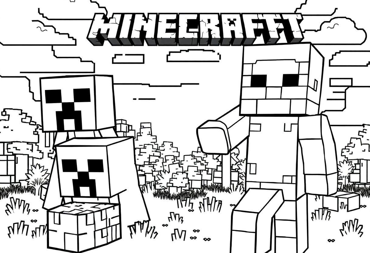 Desenho Para Imprimir Minecraft: Blocos Creepers E Steve