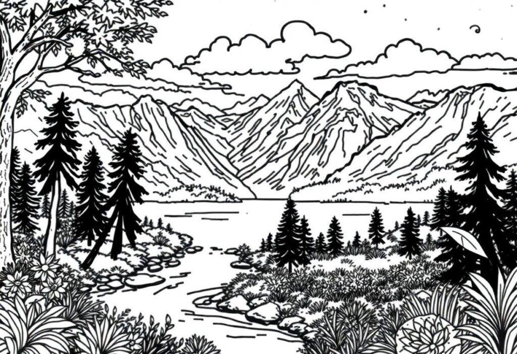 Desenho Para Imprimir Natureza: Florestas Rios E Montanhas