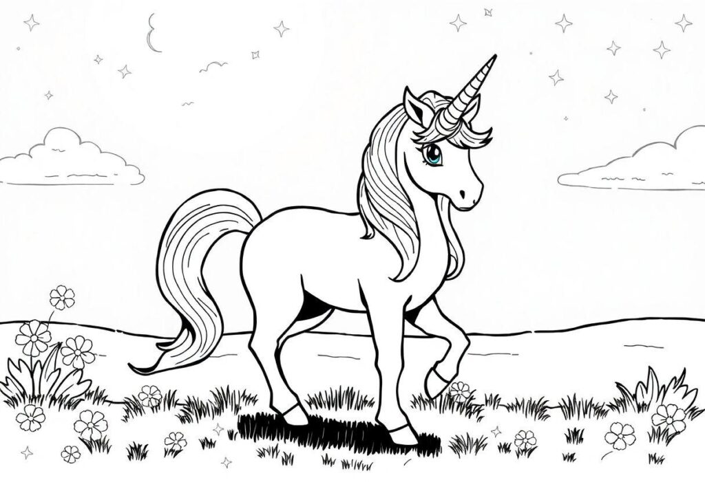 DESENHO DE UNICORNIO PARA COLORIR MUNDO MÁGICO E CHEIO DE BRILHO